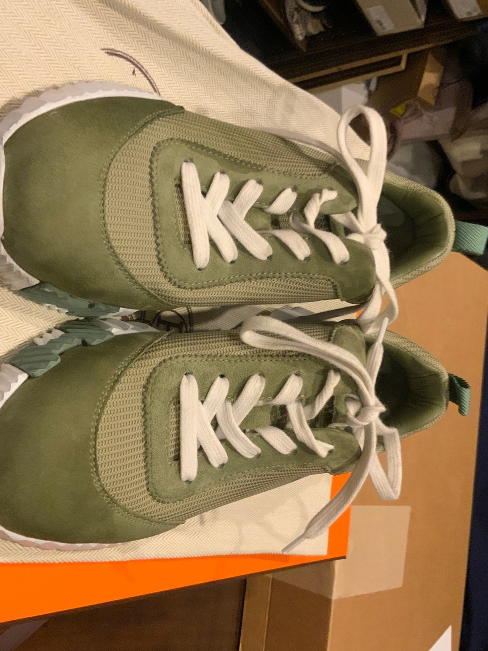 Hermes Olive Green and White Low-Top Sneakers